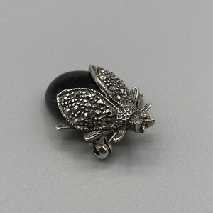 Vintage Sterling Silver, Marcasite (Pyrite) and Onyx Beetle/Bug Brooch JP374